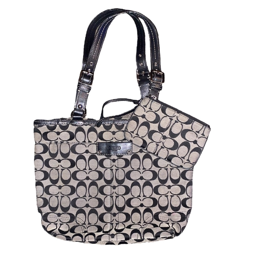 COACH Purse Black Hampton Signature Tote/Shoulder Bag and wristlet/wallet